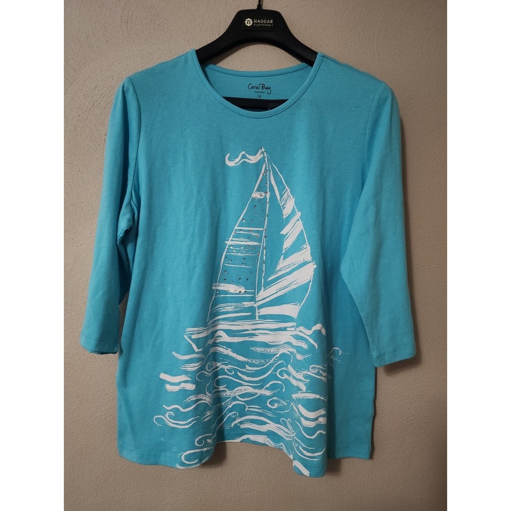 Coral Bay Blouse Top‎ Sailboat Jewels Aqua Blue Bling Ocean 3/4 Sleeve Size 1x
